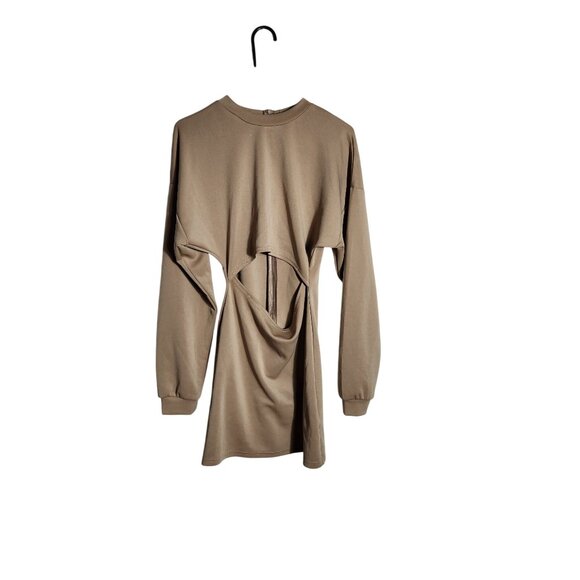 Cut-Out Long Sleeve Khaki Mini Dress With Back Zipper By Shein Size L - Picture 1 of 4